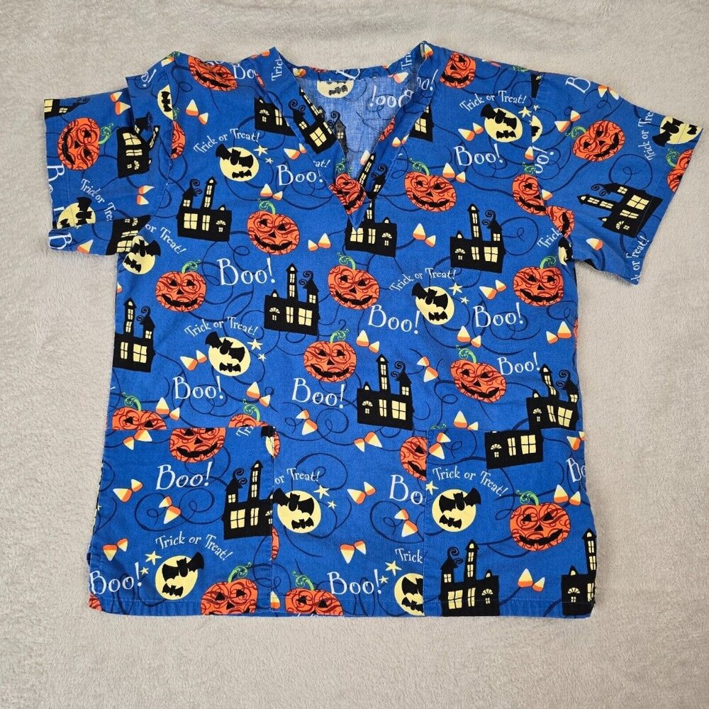 Halloween Scrub Top Womens Small Blue Peds Nurse Nursing Pumpkin Bats October
